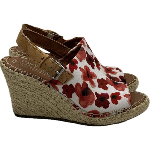 TOMS Sandals Womens 8 Monica Poppy Casual Slingback Wedge Red Floral 10013451 - Picture 6 of 8